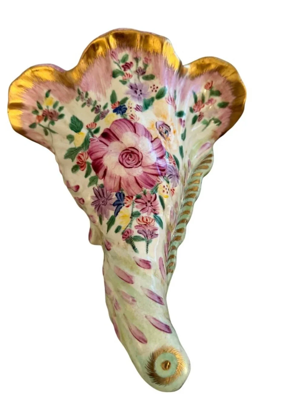 Antique French Cornucopia Shaped Hand-painted Floral Wall Vase Decorative